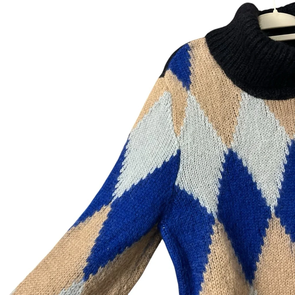 Tory‎ Burch Libby Argyle Turtleneck Diamond Color block Blue Beige Size Large